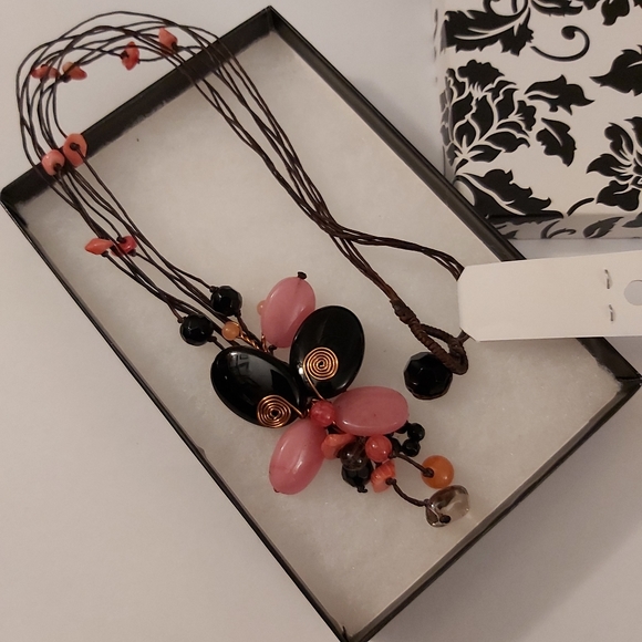 Natural Gemstone Necklace w/ Genuine Leather Chain - Picture 2 of 3